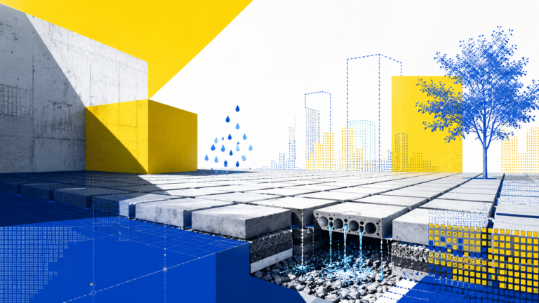 Conceptual illustration of smart concrete pavers with permeable pavement layers, water infiltration, and sustainable urban infrastructure in blue, yellow, and white.