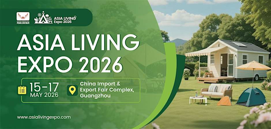 Asia Living Expo 2026 promotional banner showcasing outdoor living, garden furniture, landscape design, smart outdoor technology, and lifestyle solutions in Guangzhou, China