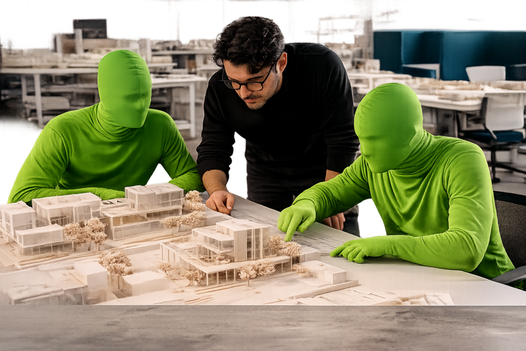 A conceptual image by ArchUp showing an architect guiding two individuals wearing full-body green screen (chroma key) suits; together, they are examining a white physical architectural model of a modern building on a workbench inside a design studio.