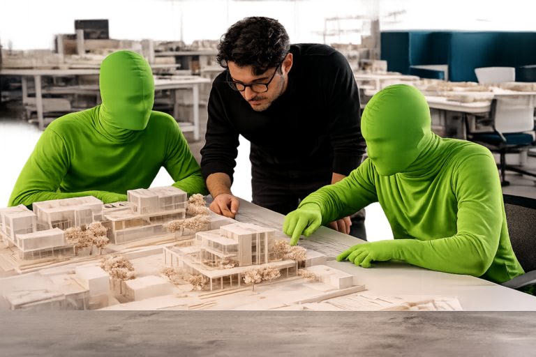 A conceptual image by ArchUp showing an architect guiding two individuals wearing full-body green screen (chroma key) suits; together, they are examining a white physical architectural model of a modern building on a workbench inside a design studio.