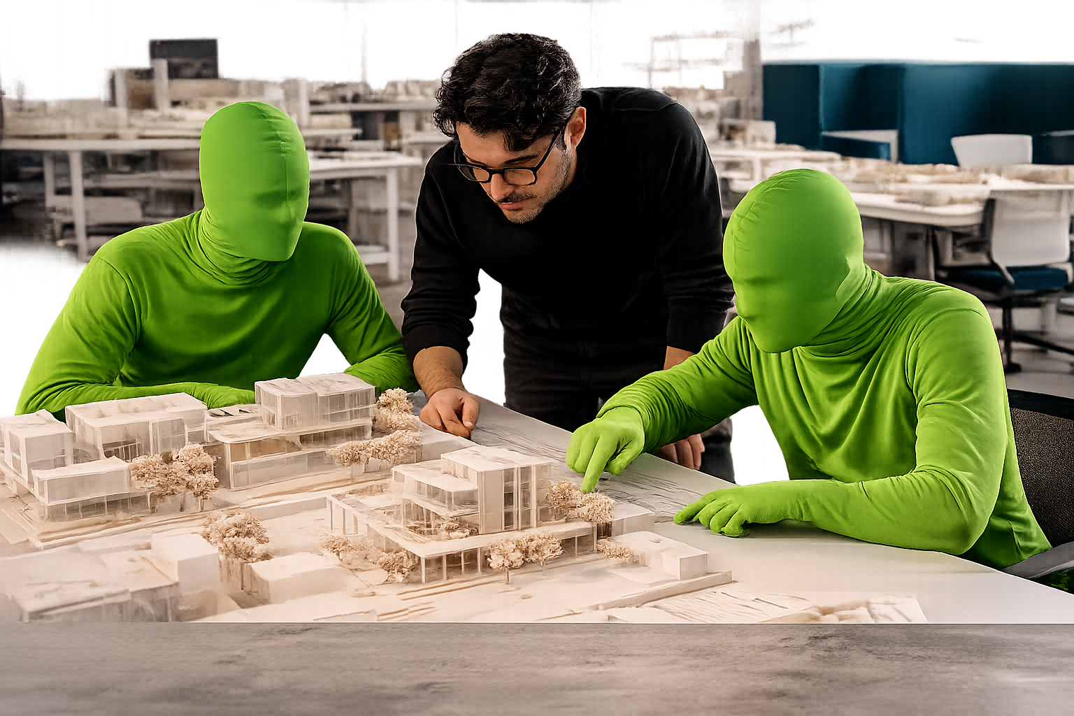 A conceptual image by ArchUp showing an architect guiding two individuals wearing full-body green screen (chroma key) suits; together, they are examining a white physical architectural model of a modern building on a workbench inside a design studio.