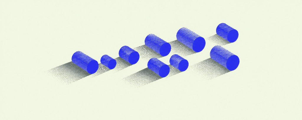 ArchUp minimalist header graphic featuring an isometric arrangement of vibrant blue cylinders, symbolizing rolled architectural blueprints, casting textured halftone shadows against a pale background