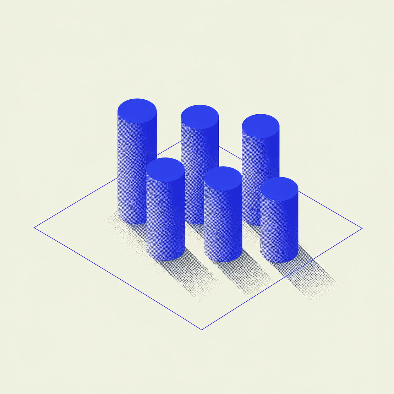 ArchUp minimalist isometric graphic featuring six vertical blue halftone cylinders arranged systematically on a digital grid plane, casting structured textured shadows against a pale background