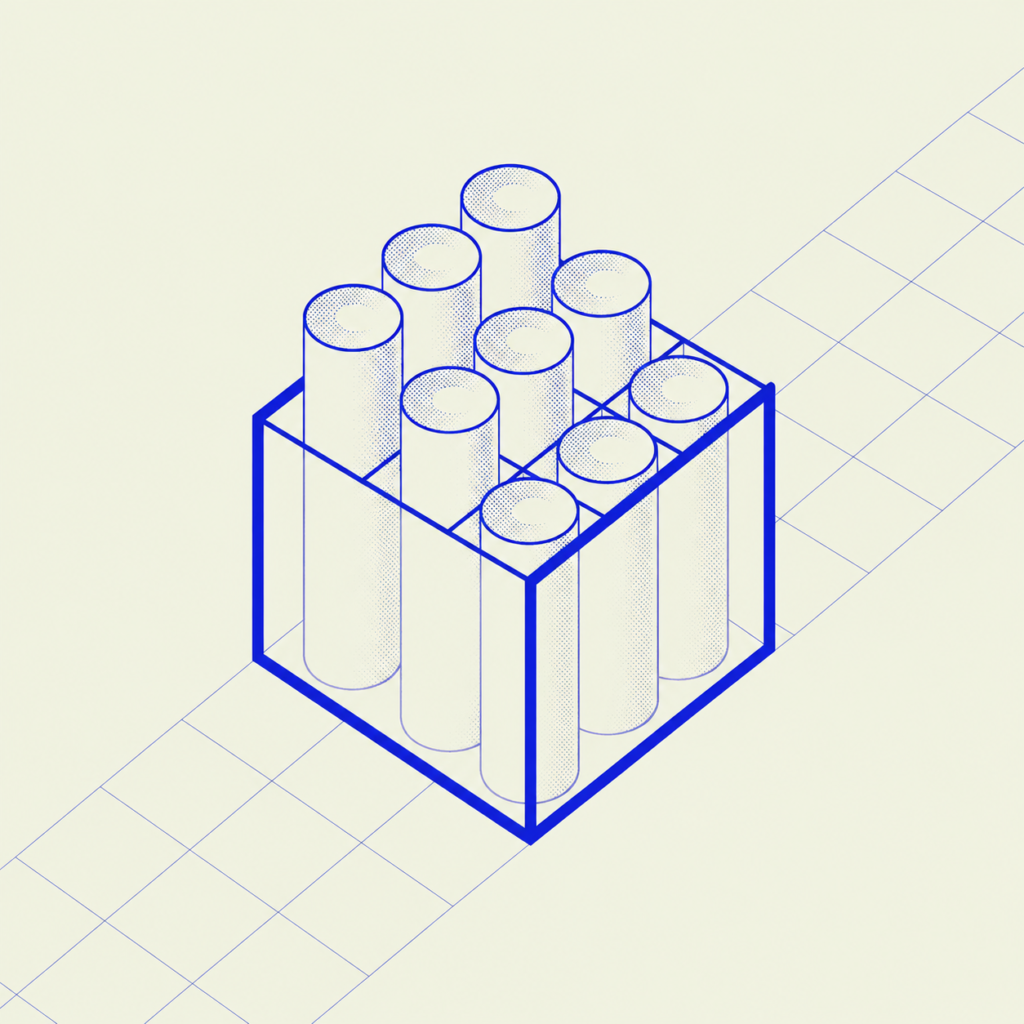 ArchUp minimalist isometric blue line art graphic featuring a transparent wireframe cube holding nine vertical halftone-textured cylinders positioned on a spatial grid