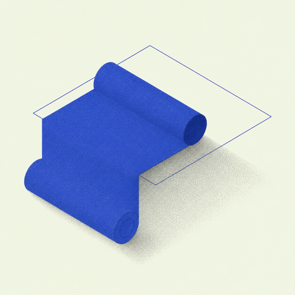 ArchUp minimalist isometric graphic of a textured blue rolled blueprint draped over a geometric edge with a thin wireframe square and halftone shadow against a pale background