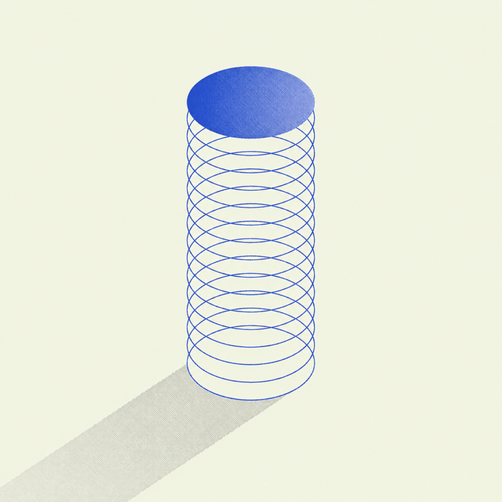 ArchUp minimalist isometric graphic showing a vertical blue wireframe cylinder with a solid halftone-textured top casting a long diagonal stippled shadow against a pale background