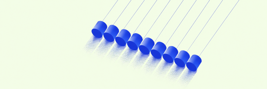ArchUp minimalist wide header graphic featuring a diagonal row of blue cylinders suspended by thin lines, resembling a digital Newton's cradle, casting stippled halftone shadows against a pale background