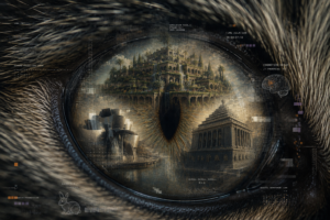 An extreme close-up photograph of a single feline eye, its iris transformed into a detailed panoramic landscape of ancient and modern architectural wonders, set against a dark, textured fur background. Detailed cyberpunk-style HUD (Heads-Up Display) overlays surround the eye, containing technical data, analysis text, and status icons.