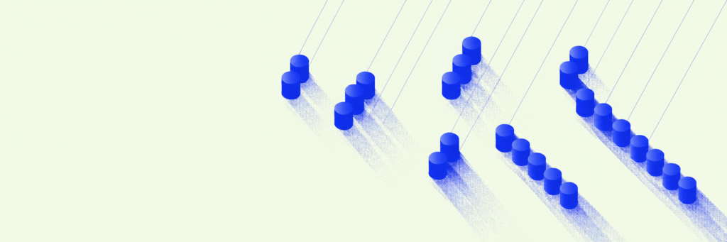 ArchUp minimalist wide header graphic featuring multiple staggered diagonal rows of blue cylinders cascading along thin lines, casting stippled halftone shadows on a pale background