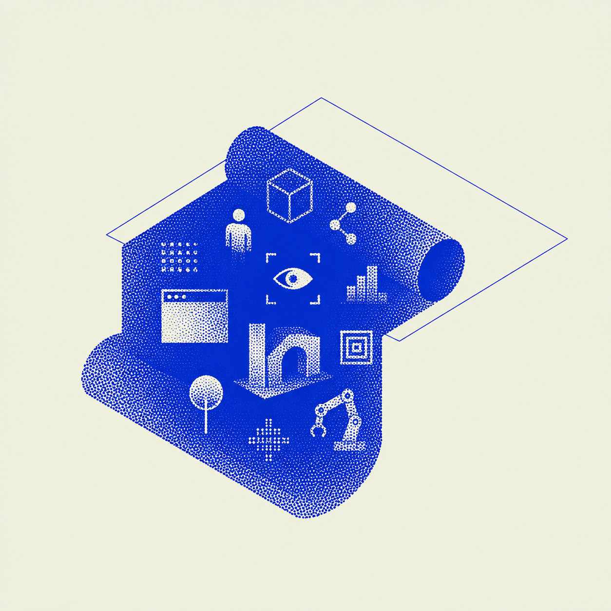 ArchUp minimalist isometric graphic featuring a textured blue rolled blueprint displaying a complex ecosystem of white stippled icons including an archway, robotic arm, scanning eye, and data networks against a pale background