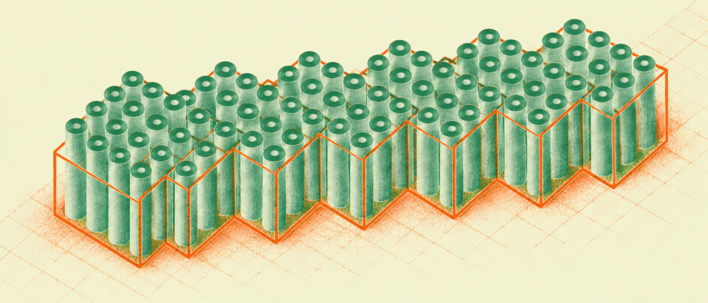 ArchUp wide header graphic displaying an expansive isometric matrix of green halftone-textured cylinders organized within an interconnected orange wireframe structure on a spatial grid against a pale background