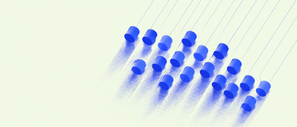 ArchUp minimalist wide header graphic featuring multiple staggered diagonal rows of blue cylinders suspended by thin lines casting elongated stippled halftone shadows against a pale background