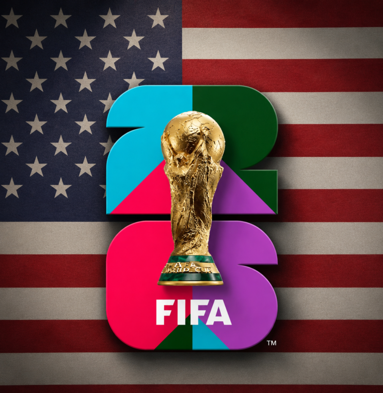 ArchUp graphic featuring the golden FIFA World Cup trophy centered over a bold multicolored geometric number 26 set against a textured United States flag background