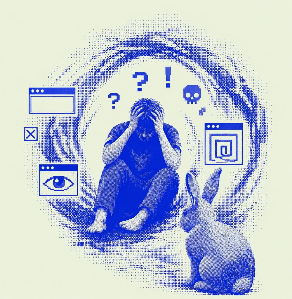 ArchUp blue halftone graphic showing a distressed person sitting with their head in their hands inside a swirling digital vortex, surrounded by a rabbit, a pixelated skull, question marks, and browser windows displaying an eye and a maze.