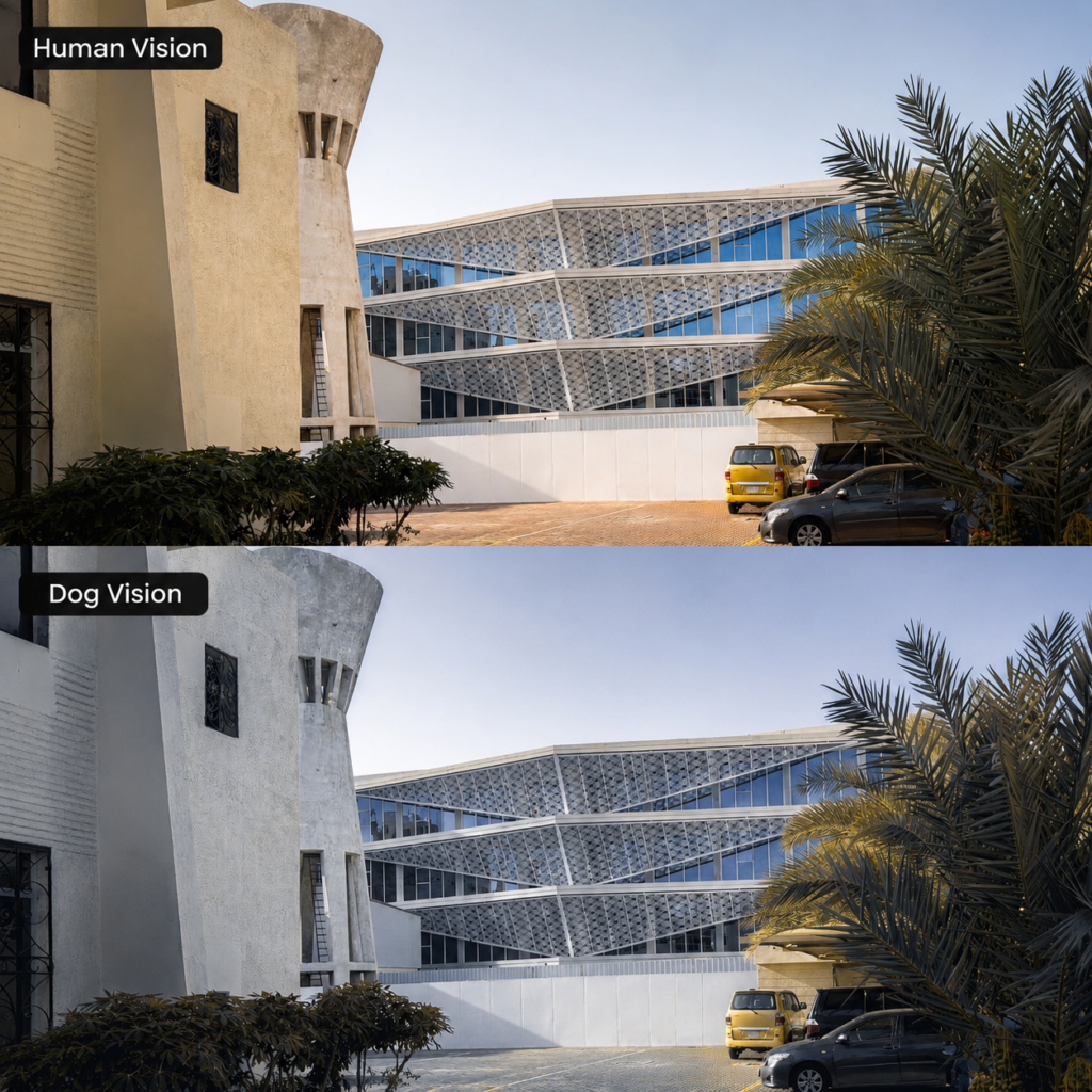 Split-screen visual comparison of an architectural courtyard. The top panel, labeled "Human Vision," shows a full-color scene with a warm-toned building, green palm trees, and a yellow car. The bottom panel, labeled "Dog Vision," displays the same scene in dichromatic tones, showing how warm building colors and greens appear as muted greys and yellows to dogs.