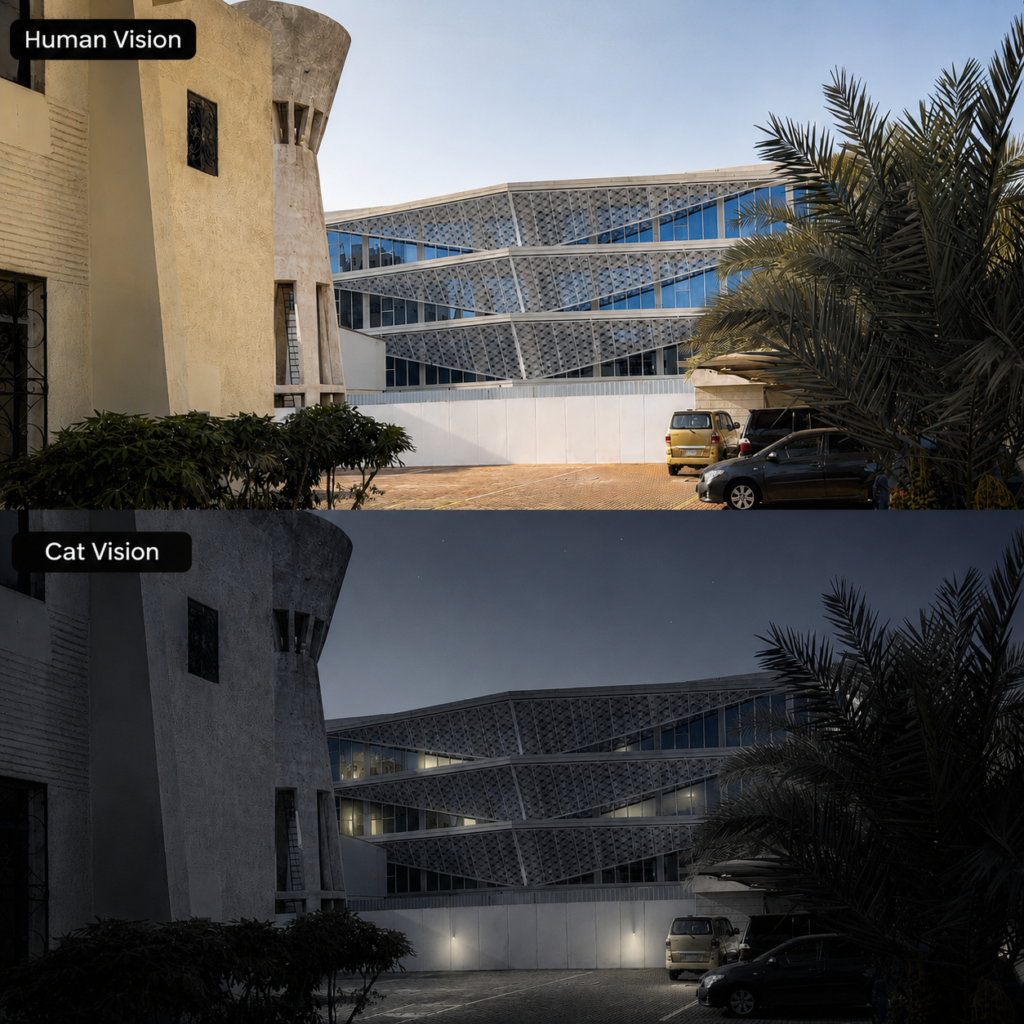A split-screen comparison of an identical architectural courtyard. The top panel, 'Human Vision,' shows a daytime scene with natural, vibrant colors and sharp detail. The bottom panel, 'Cat Vision,' depicts the same scene as a monochromatic blue-grey, low-light simulation, transforming the daytime view into an apparent nocturnal perspective with softened details.
