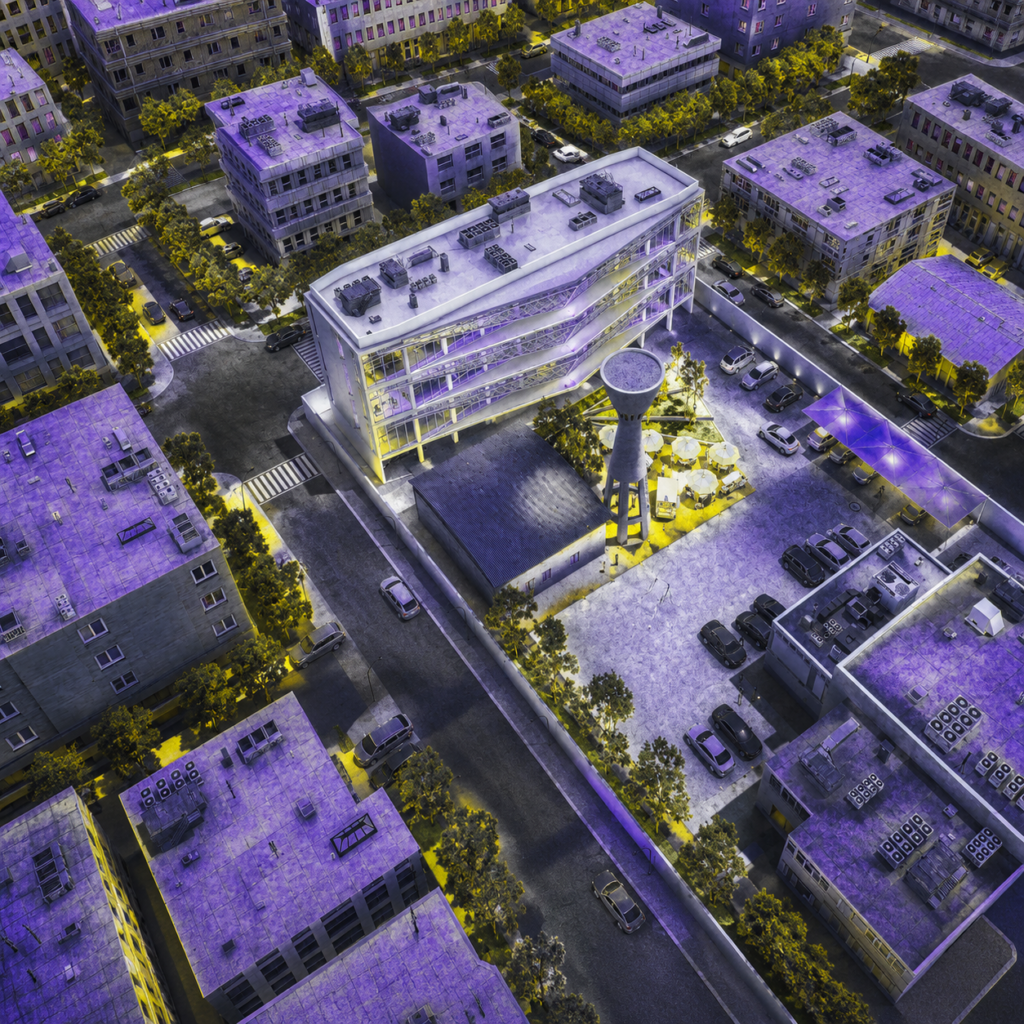 Aerial view of a city block simulating bird vision, showing buildings and streets tinted in monochromatic greys with intense purple ultraviolet reflections on rooftops and vibrant glowing yellow on vegetation and specific surfaces.
