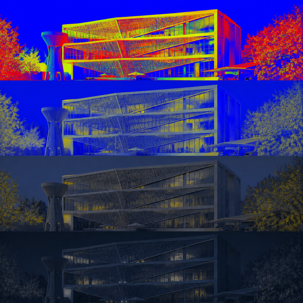 ArchUp educational infographic poster titled 'Animal Vision of Architecture' showing a modern geometric building across four panels comparing human true-color vision, dichromatic canine vision in blues and yellows, ultraviolet avian vision with bright purple highlights on glass, and infrared thermal imaging showing neon heat signatures.