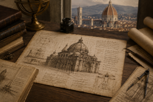 A detailed Renaissance-style architectural sketch of a domed cathedral on aged parchment lying on a wooden desk with a compass and inkwell, overlooking a historic city skyline with a large dome.