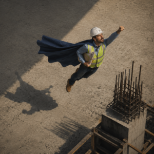 ArchUp imaginative graphic showing a male construction engineer wearing a hard hat, reflective safety vest, and a blue superhero cape, flying above a concrete construction site with exposed rebar pillars while holding rolled blueprints.