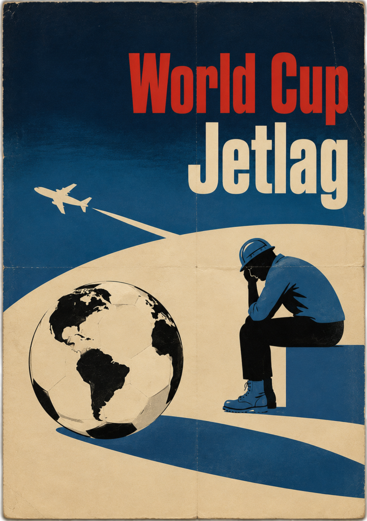 Vintage-style folded poster titled "World Cup Jetlag" in red and cream text, featuring a blue silhouette of an exhausted construction worker sitting next to a globe shaped like a soccer ball, with an airplane flying in the sky above.