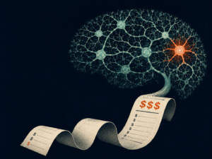 ArchUp conceptual illustration of a neural network shaped like a human brain with a glowing red error node, extending downward into a long, curling paper receipt covered with dollar signs against a dark background.