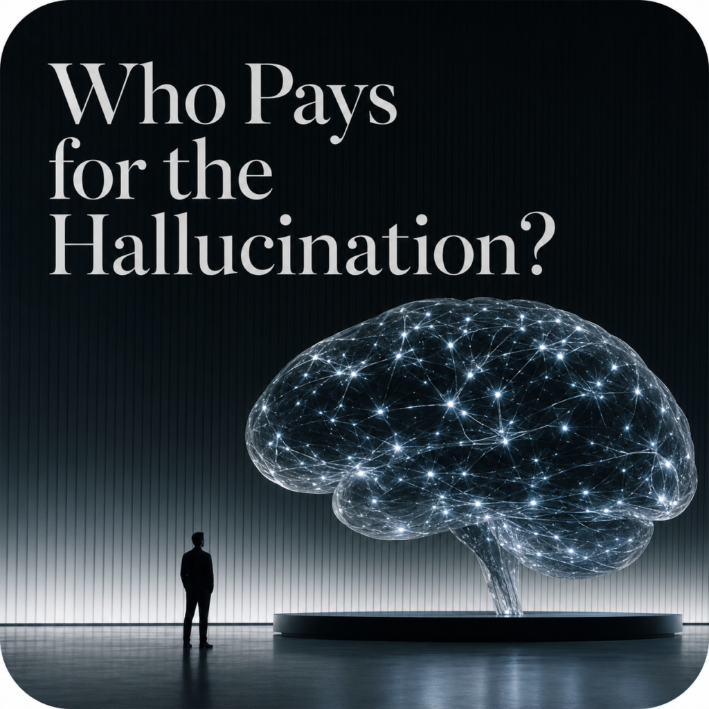 conceptual image showing a small silhouetted figure in a dark room standing before a massive, glowing neural network shaped like a human brain on a pedestal, with the prominent text "Who Pays for the Hallucination?"