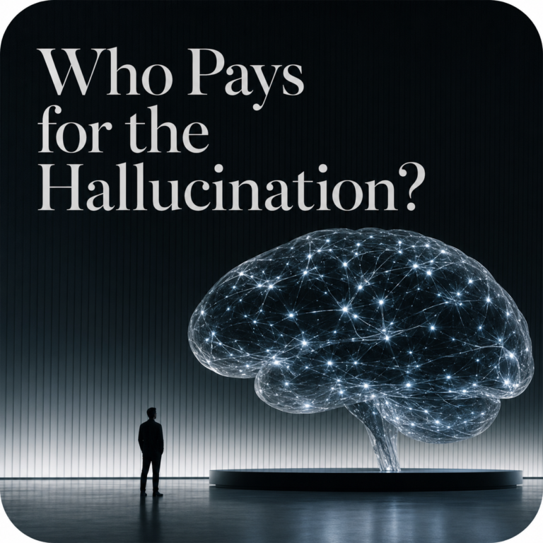conceptual image showing a small silhouetted figure in a dark room standing before a massive, glowing neural network shaped like a human brain on a pedestal, with the prominent text "Who Pays for the Hallucination?"