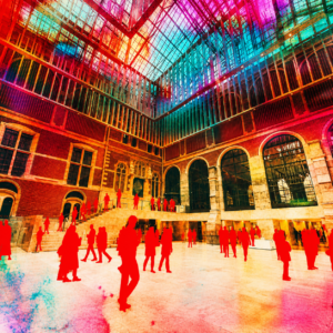 Conceptual architectural illustration of a grand historic interior with a modern glass atrium, featuring vibrant colorful overlays and solid red silhouettes of people standing and walking throughout the space.