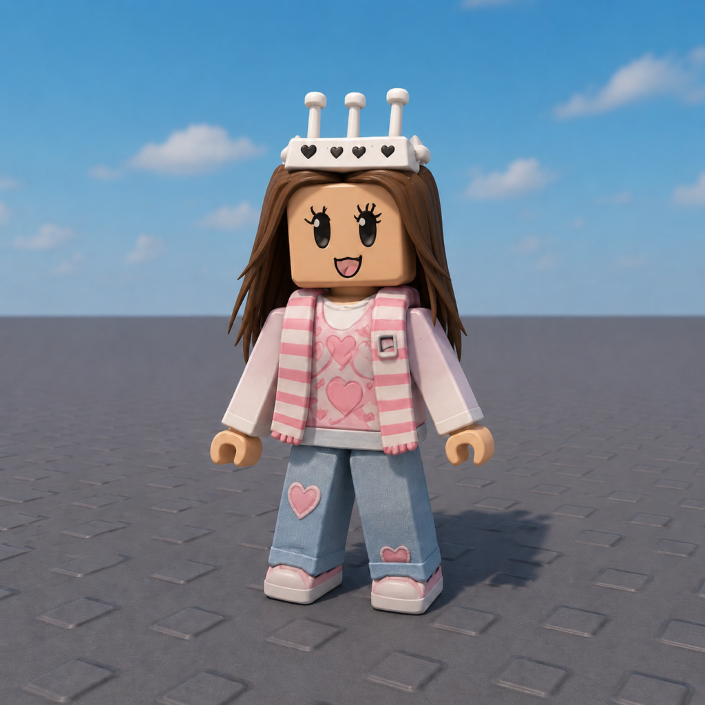 A conceptual graphic of a Roblox generation held in digital stasis. The central avatar, a girl with intricate heart apparel and a unique fork crown, has a vacant, wide-eyed expression while dissolving into pixels. Surrounding her are massive glitched PAUSE and cracked PLAY icons, alongside a frozen "Connection Interrupted" dialogue box and a stopped digital clock, set within a dark virtual grid environment with cyber-circuitry lines.