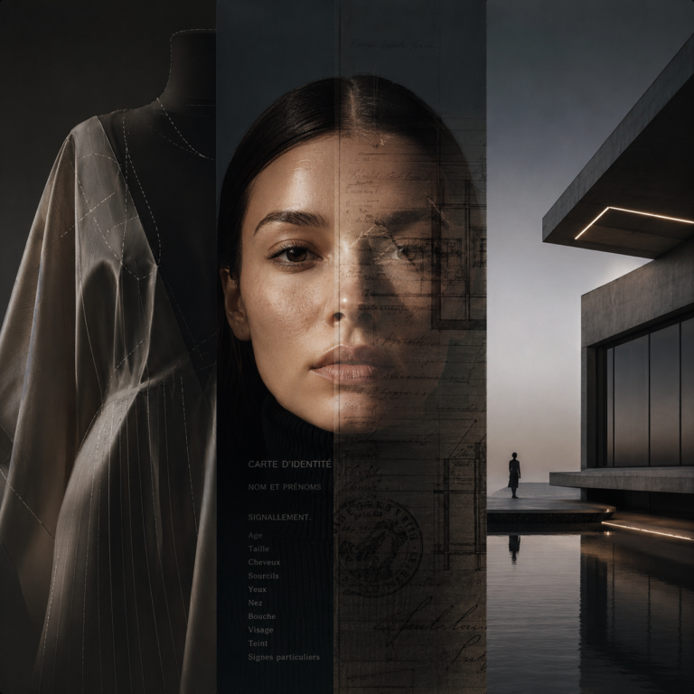A conceptual three-part collage featuring a tailor's mannequin draped in patterned fabric on the left, a central close-up portrait of a woman overlaid with vintage French identity card text and architectural blueprints, and a modern minimalist concrete building by the water with a solitary silhouetted figure on the right.