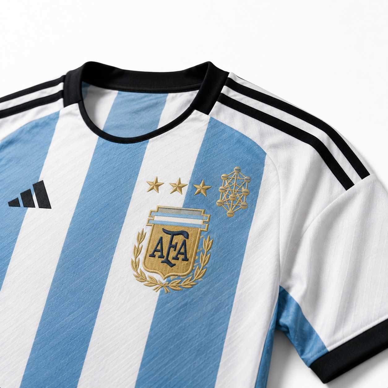 Close-up of a conceptual Argentina national football team jersey featuring traditional light blue and white stripes, the AFA crest with three stars, and an intricate gold geometric symbol resembling sacred architectural geometry or the Tree of Life embroidered on the chest.