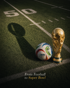 ArchUp conceptual graphic showing a 2026 FIFA World Cup soccer ball and golden trophy sitting on an American football field at the 50-yard line, casting a distinct shadow in the shape of an American football, with the text "From Football to Super Bowl" at the bottom.