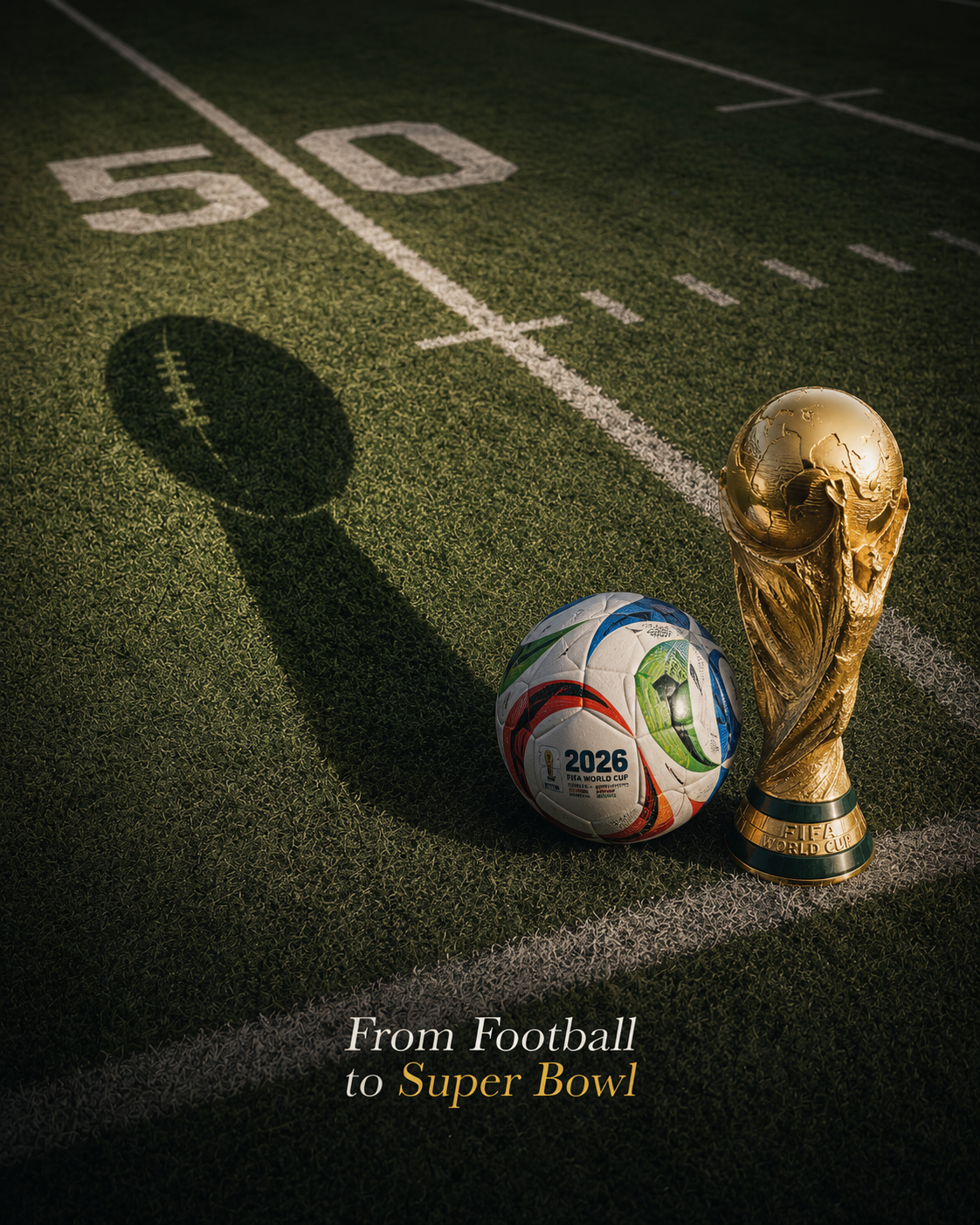 ArchUp conceptual graphic showing a 2026 FIFA World Cup soccer ball and golden trophy sitting on an American football field at the 50-yard line, casting a distinct shadow in the shape of an American football, with the text "From Football to Super Bowl" at the bottom.