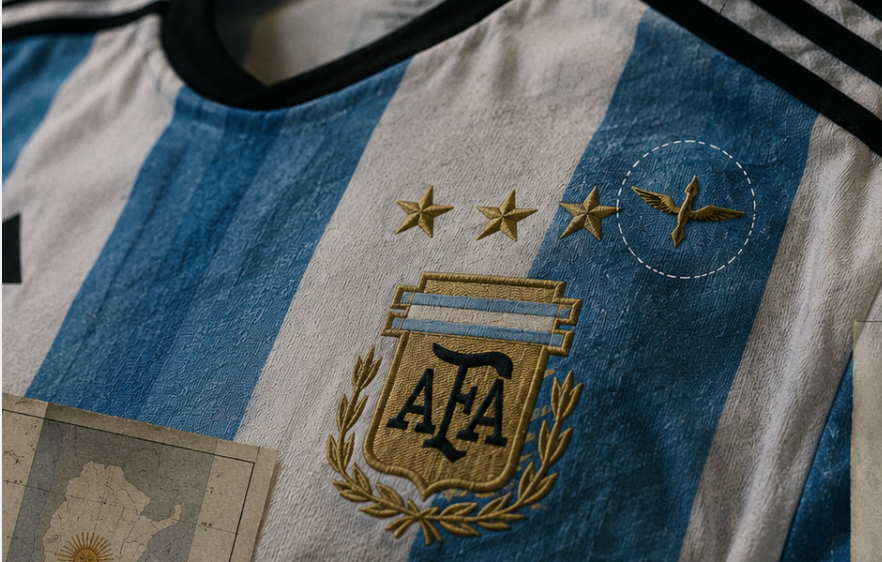 لقطة مقربة لقميص منتخب الأرجنتين لكرة القدم بتصميم مفاهيمي يعرض شعار الاتحاد الأرجنتيني وثلاث نجوم للبطولات، مع رمز طائر ذهبي فريد مُسلط عليه الضوء بدائرة بيضاء متقطعة. تظهر خريطة جغرافية عتيقة للأرجنتين جزئياً في الزاوية اليسرى السفلى.