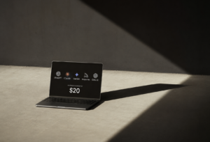 ArchUp minimalist photograph of a sleek laptop resting on a sunlit concrete surface casting a sharp diagonal shadow, with its screen displaying logos for ChatGPT, Claude, Gemini, Midjourney, and DALL-E above the text "Architectural design for $20"