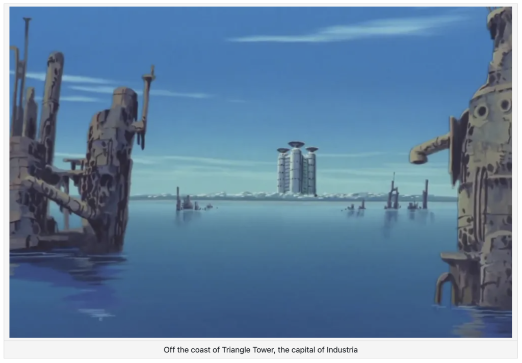 Anime-style illustration showing rusted, decaying industrial ruins emerging from calm blue water in the foreground, framing a distant, pristine white futuristic skyscraper topped with three large satellite dishes.