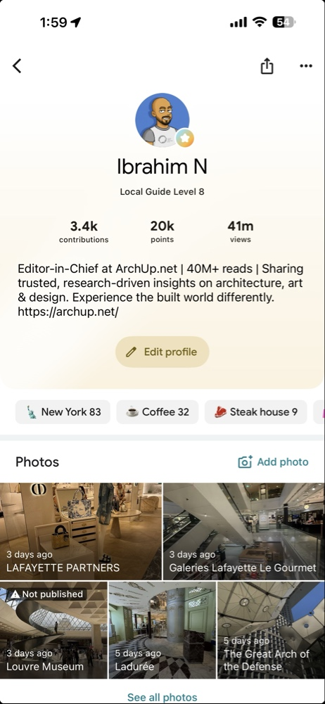 Screenshot of a Google Maps Local Guide profile for Ibrahim N, displaying 3.4k contributions, 41 million views, and a bio stating "Editor-in-Chief at ArchUp.net," along with thumbnail photos of Parisian architecture.