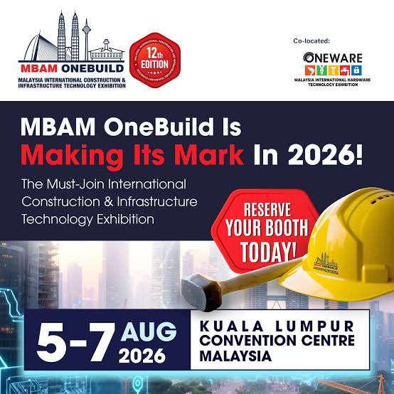 MBAM OneBuild 2026 promotional banner showcasing construction technology, infrastructure development, smart cities, building materials, and heavy construction equipment in Kuala Lumpur