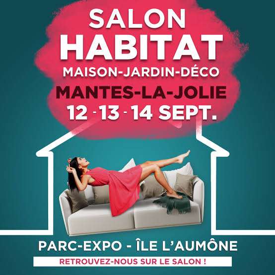 Salon Habitat Mantes-la-Jolie 2026 promotional banner showcasing home renovation, construction, interior design, decoration, landscaping, and residential improvement solutions in France