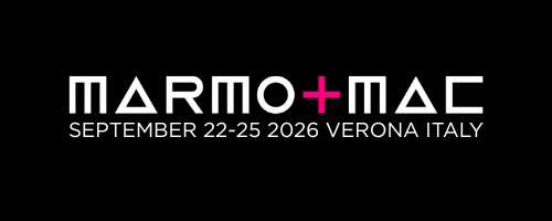 Marmomac 2026 official promotional banner showcasing natural stone, marble, granite, stone processing technologies, architecture, and interior design applications in Verona, Italy