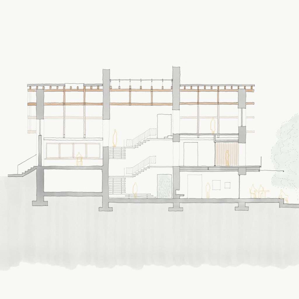 Architectural cross-section drawing of Casa Basque House showing the interior floor heights, central open staircase layout, and structural roof trusses.