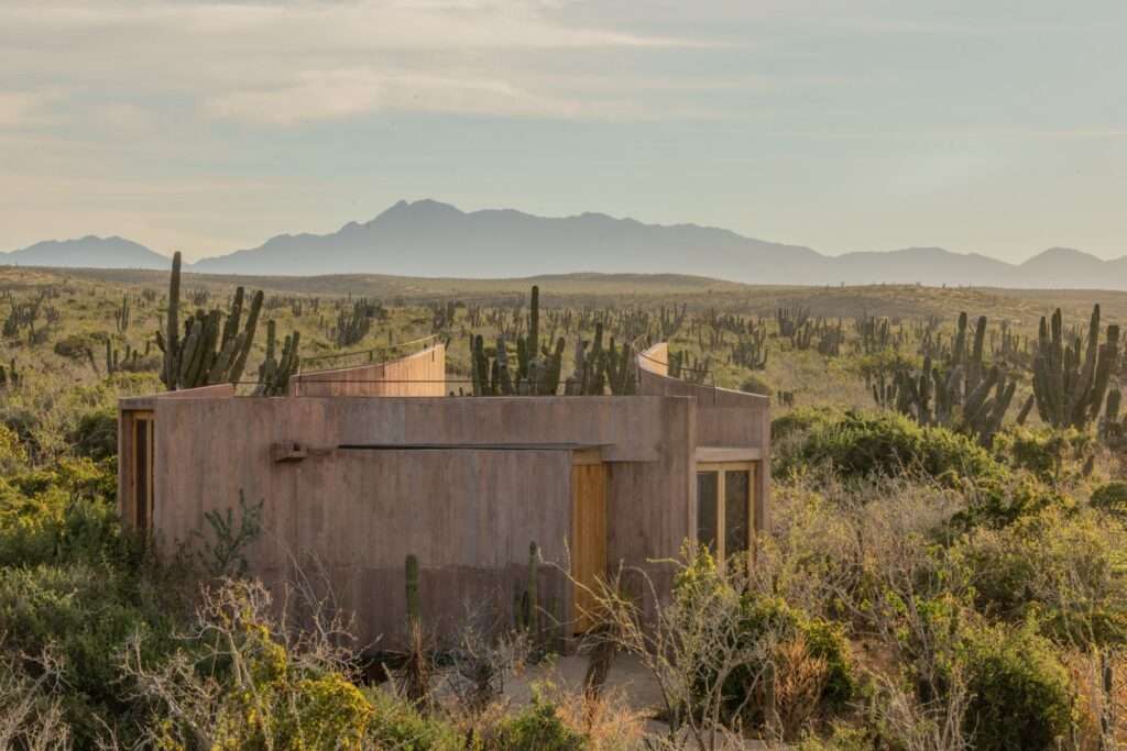 A distant exterior shot of one of the private pigment-dyed concrete volumes nestled within dense desert vegetation, showing its distinct single-story form with large glass doors framed in wood and a rooftop terrace.