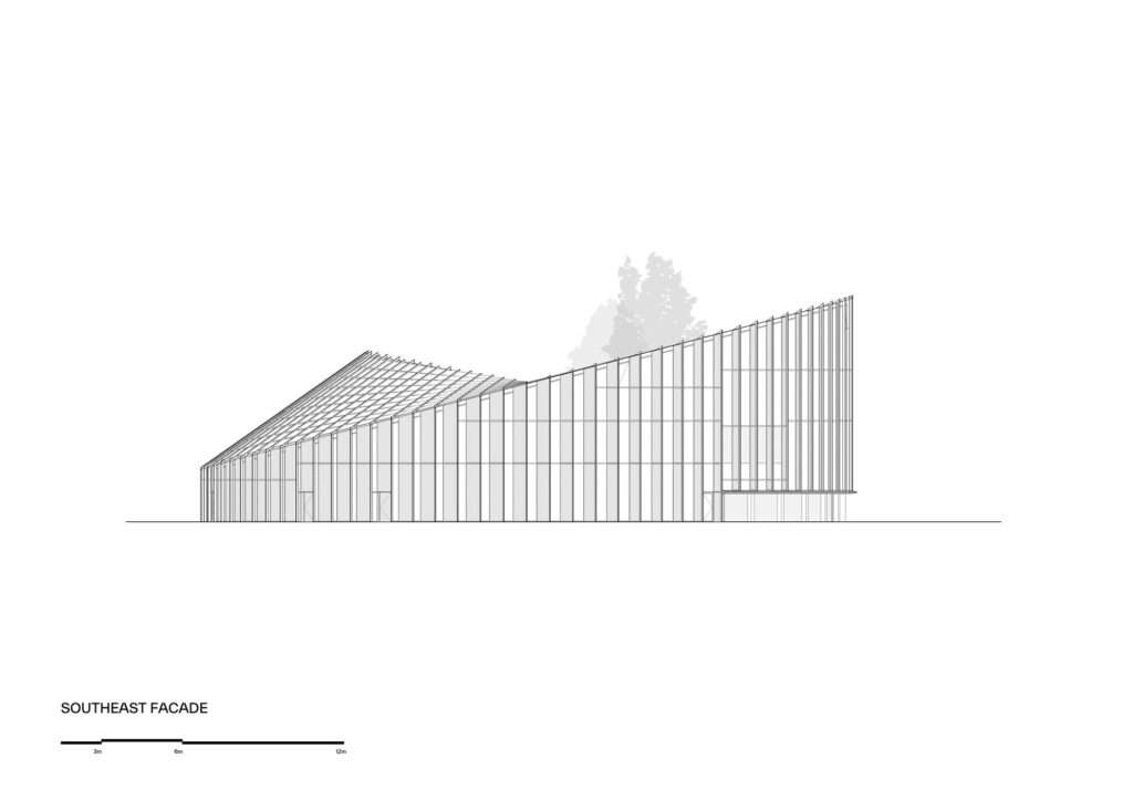 Architectural elevation drawing of the southeast facade of Dymak HQ showing the undulating roofline.