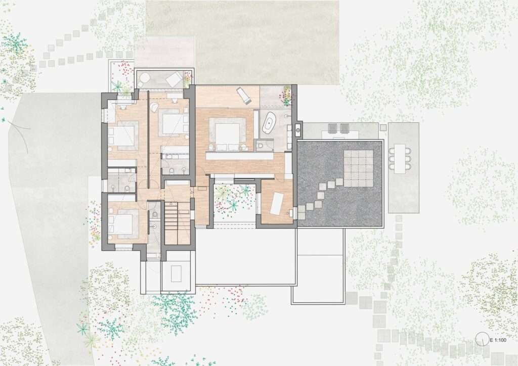 A colorful and detailed architectural floor plan of the upper level, showing the master suite, additional bedrooms, bathrooms, central courtyard opening, and surrounding mature tree canopy.