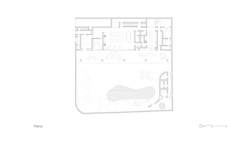 Architectural ground floor plan diagram of Jacarezinho II House showing the indoor living area, outdoor patio, and organic backyard swimming pool.