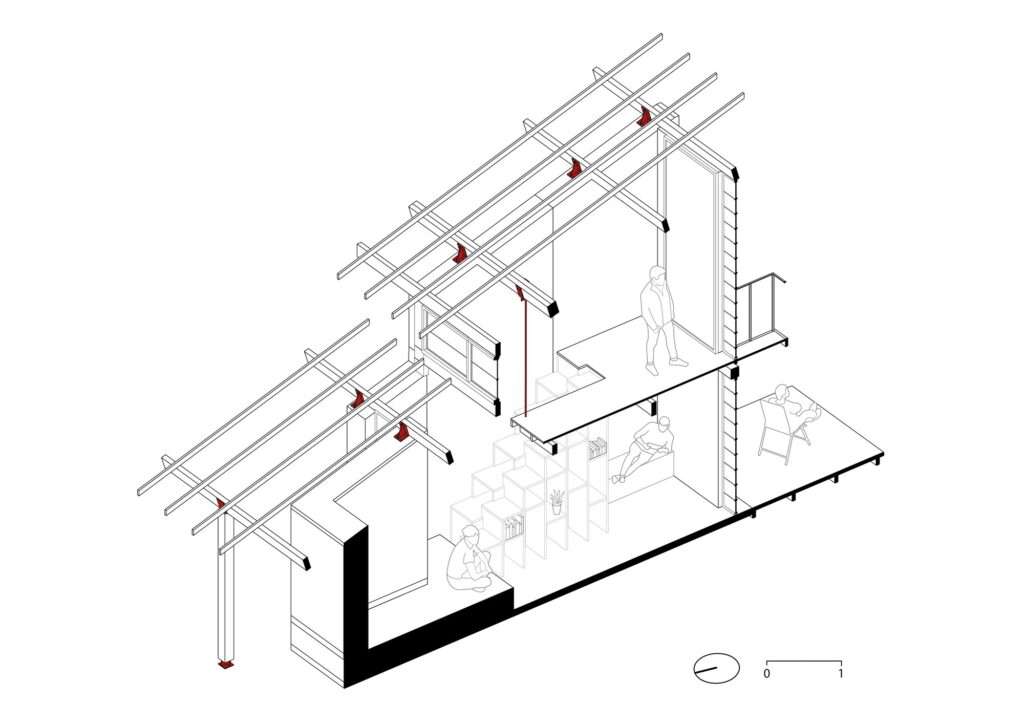 An isometric section drawing of the Lake Cabin showing the two-story interior volume, the integrated staircase and shelving unit, and the roof structure.