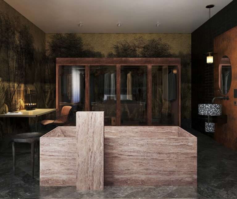 Travertine stone bathtub and custom glass wardrobe inside a luxury bathroom with tropical mural wallpaper.