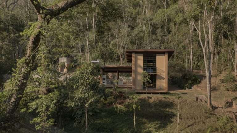 A rammed earth cabin nestled within a dense, lush green forest, viewed from a slightly elevated position across a grassy slope.