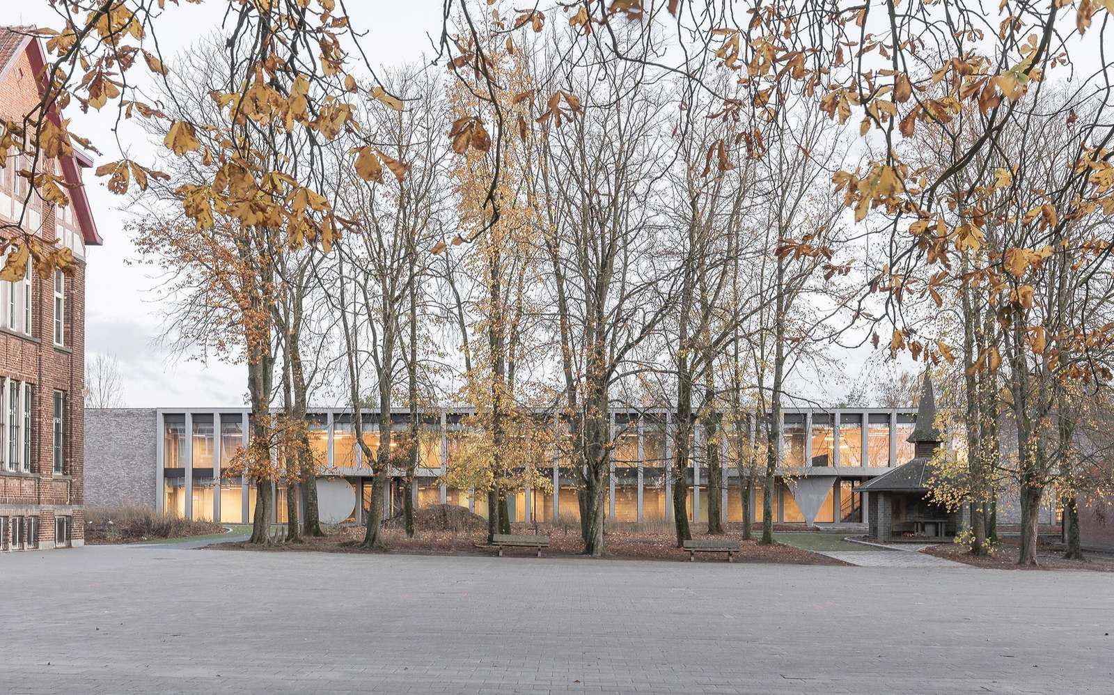 Cardinal Mercier College new building modern glass and brick facade viewed from the tree-lined campus courtyard.